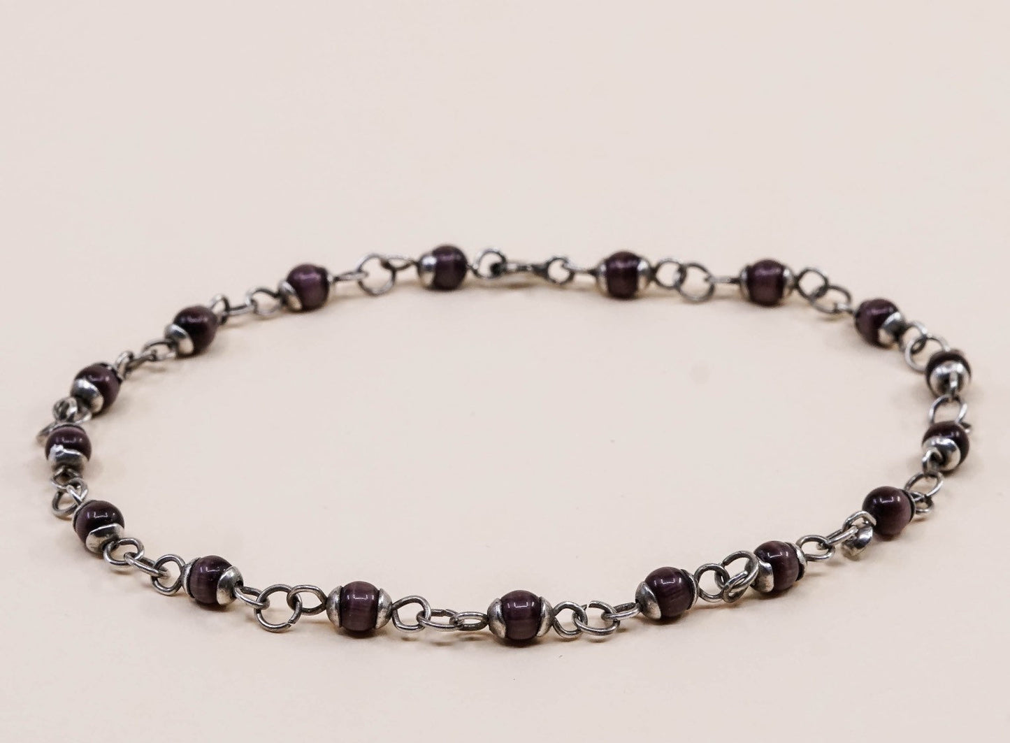 8.75”, VTG Handmade Sterling 925 silver bracelet, purple tiger eye beads