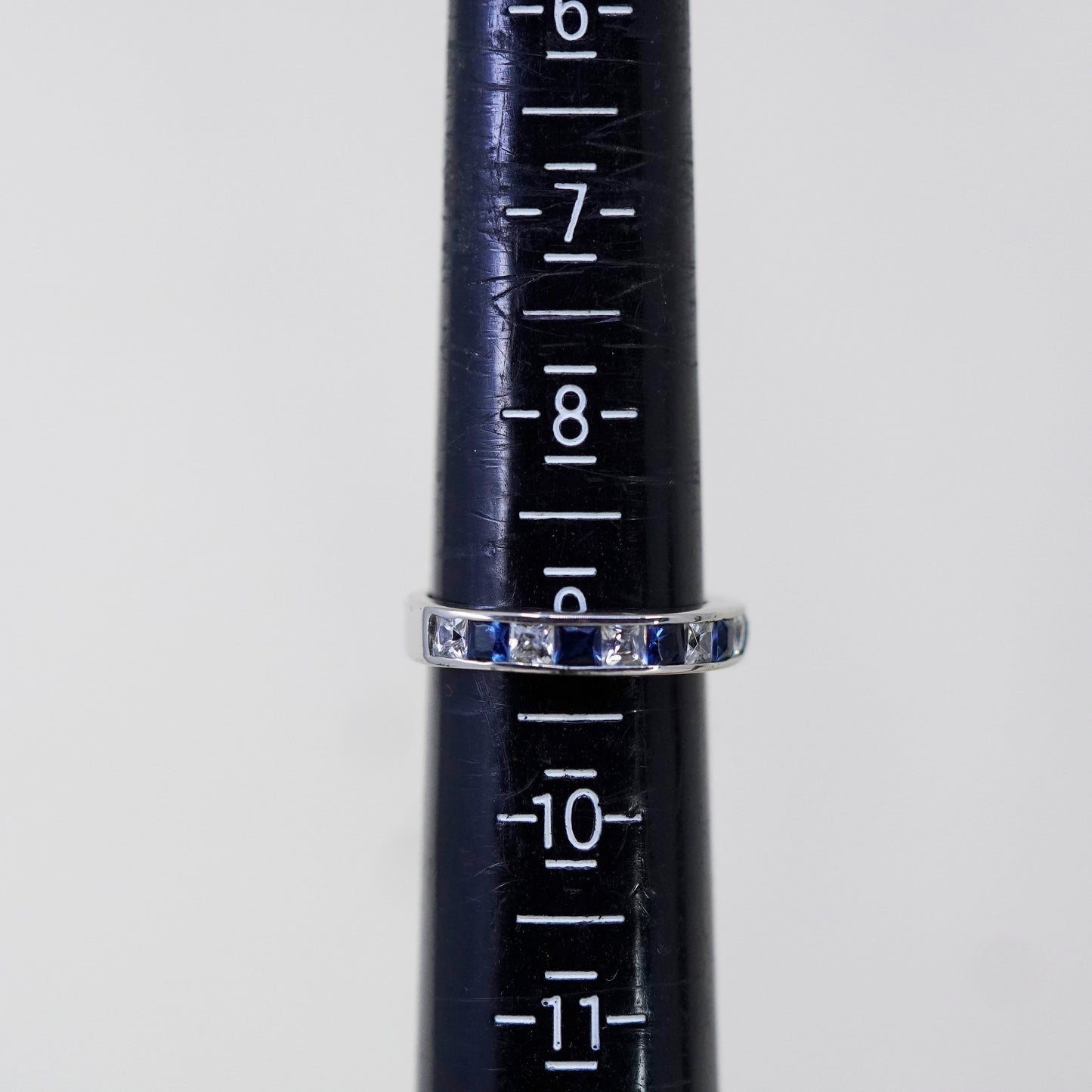 Size 9, Sterling 925 silver stackable ring, wedding band with blue and clear CZ