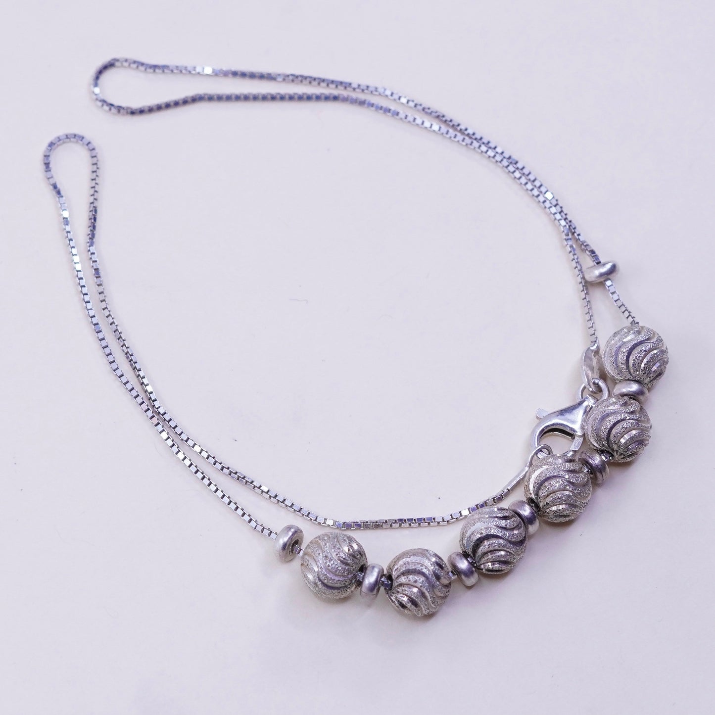 16”, vintage sterling 925 silver box chain necklace with textured beads pendant