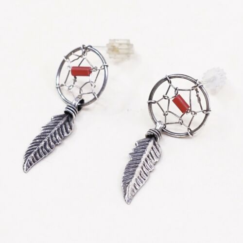Vtg Southwestern Sterling 925 Silver Handmade Net Earrings W/ Coral N Feather