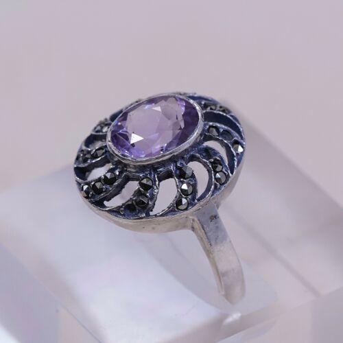 Sz 7.5 Vtg Sterling Silver Handmade Ring, 925 w/ Amethyst n marcasite inlay