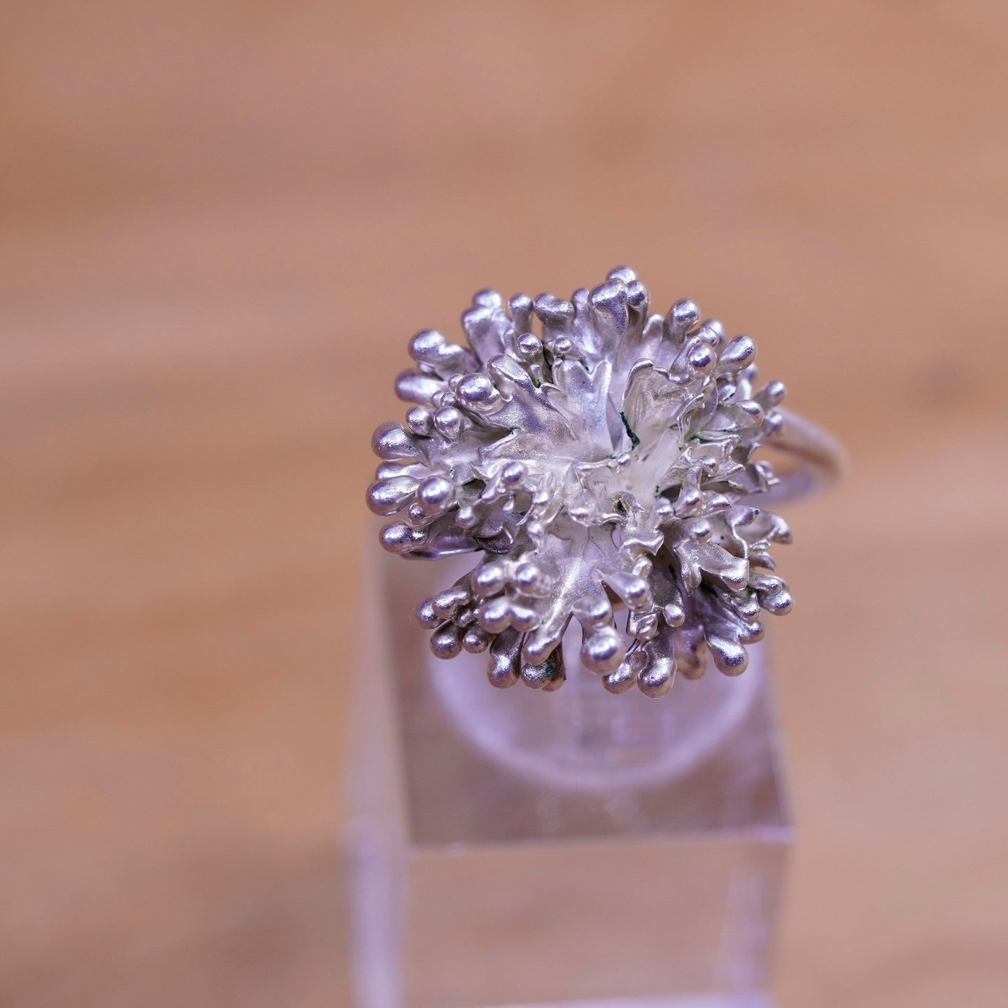 Size adjustable, vintage Sterling silver flower ring, 925 beaded flower band
