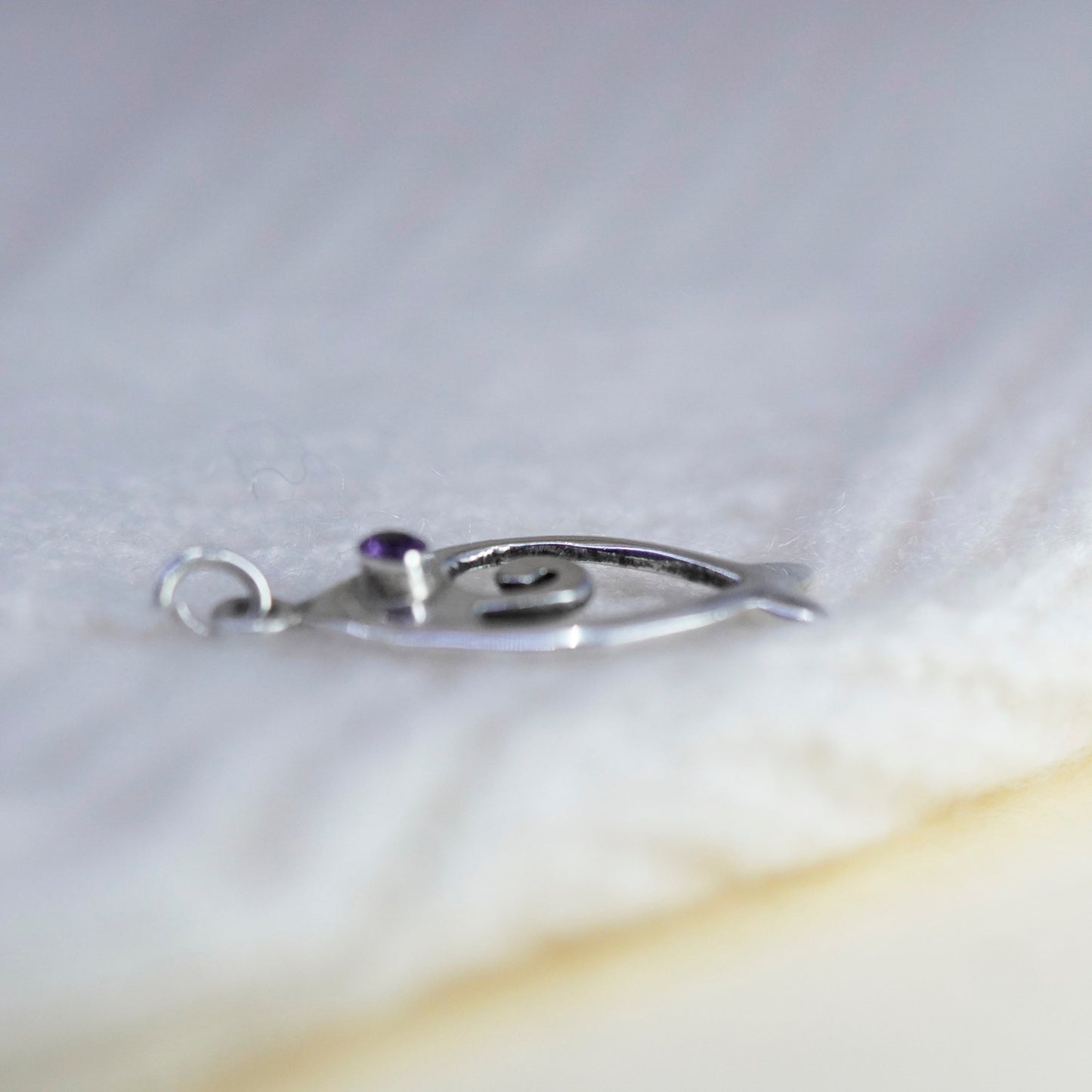 Vintage sterling silver fish bone charm with amethyst, 925 pendant