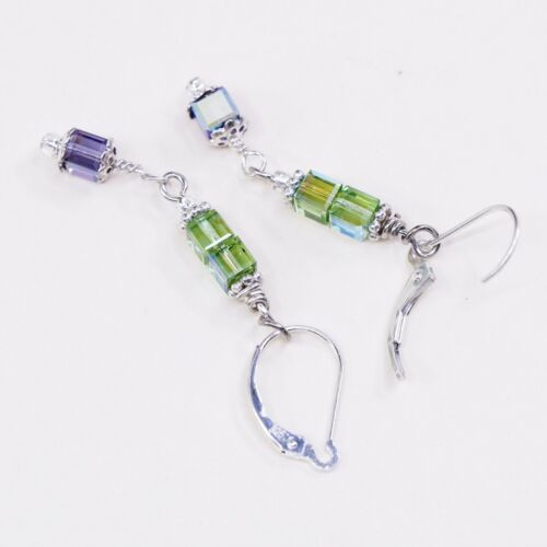 Vtg STERLING 925 SILVER Handmade earrings with Green Crystal dangles