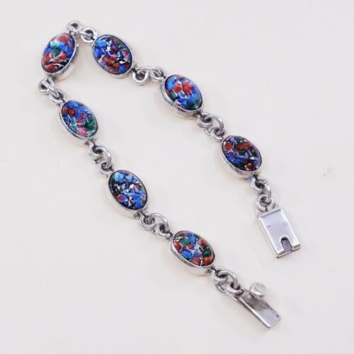 8”, Vtg Sterling Silver Handmade Bracelet, 925 Link W/ Colorful Foiled Glass
