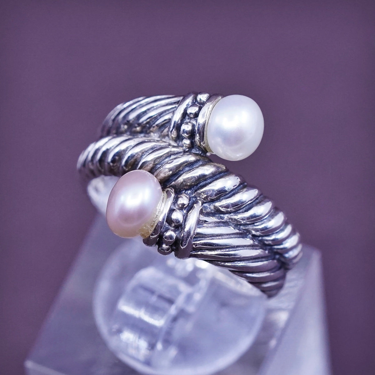 Size 8, vtg CFJ Sterling 925 silver handmade rope ring with freshwater pearl