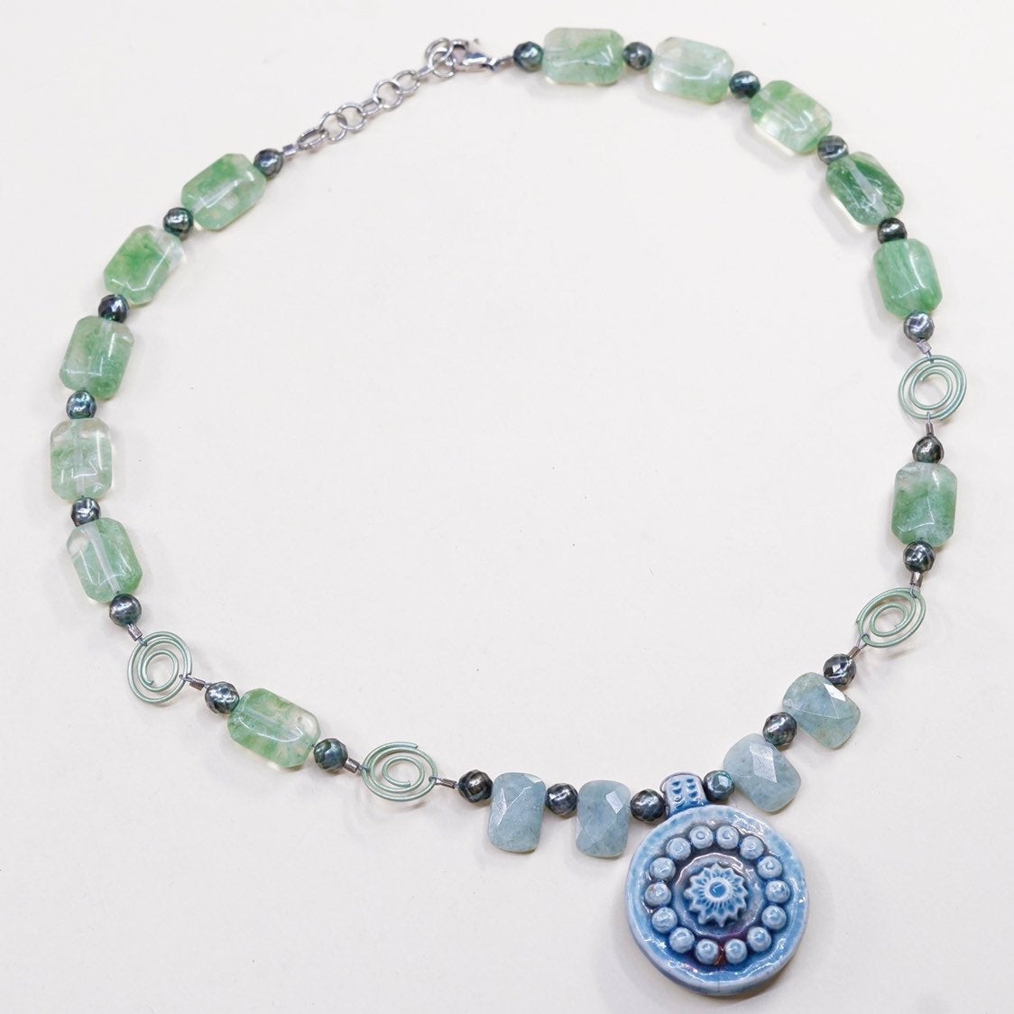 16+1.5”, Sterling silver necklace 925 circle chain w/ Jade beads N blue pottery