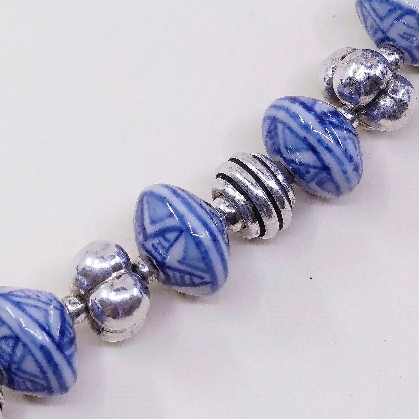 6.25”, VTG handmade bracelet glazed ceramic beads w/ 925 beads N toggle closure