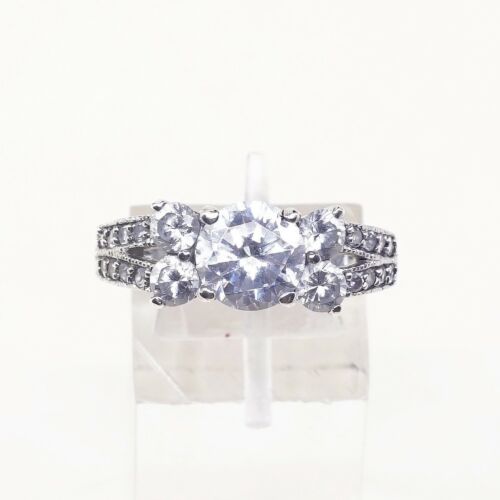 Sz 9, vintage Sterling Ring, 925 Silver Engagement Ring W/ cluster Crystal
