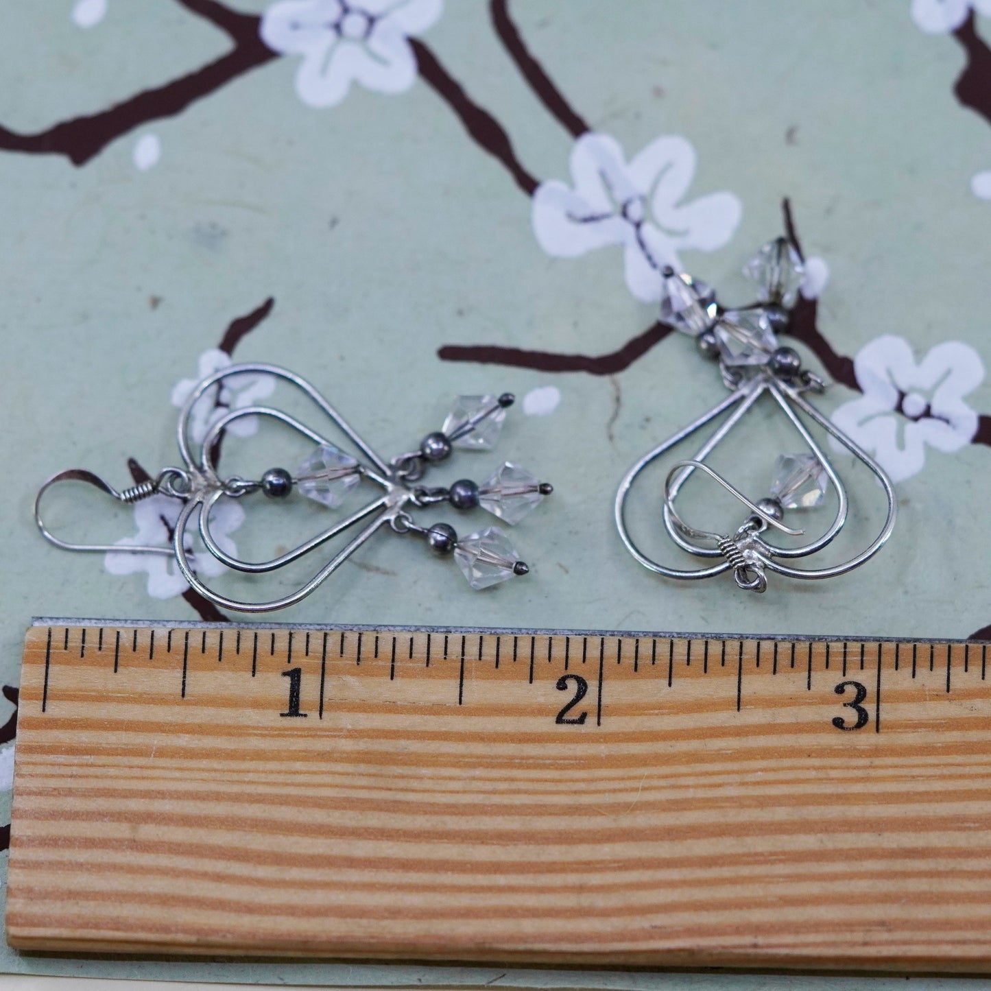 Vintage sterling silver handmade earrings, 925 heart with clear crystal