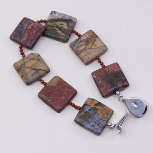 7.25”, Vintage Sterling Silver Handmade Bracelet, 925 Silver Toggle W/ Jasper