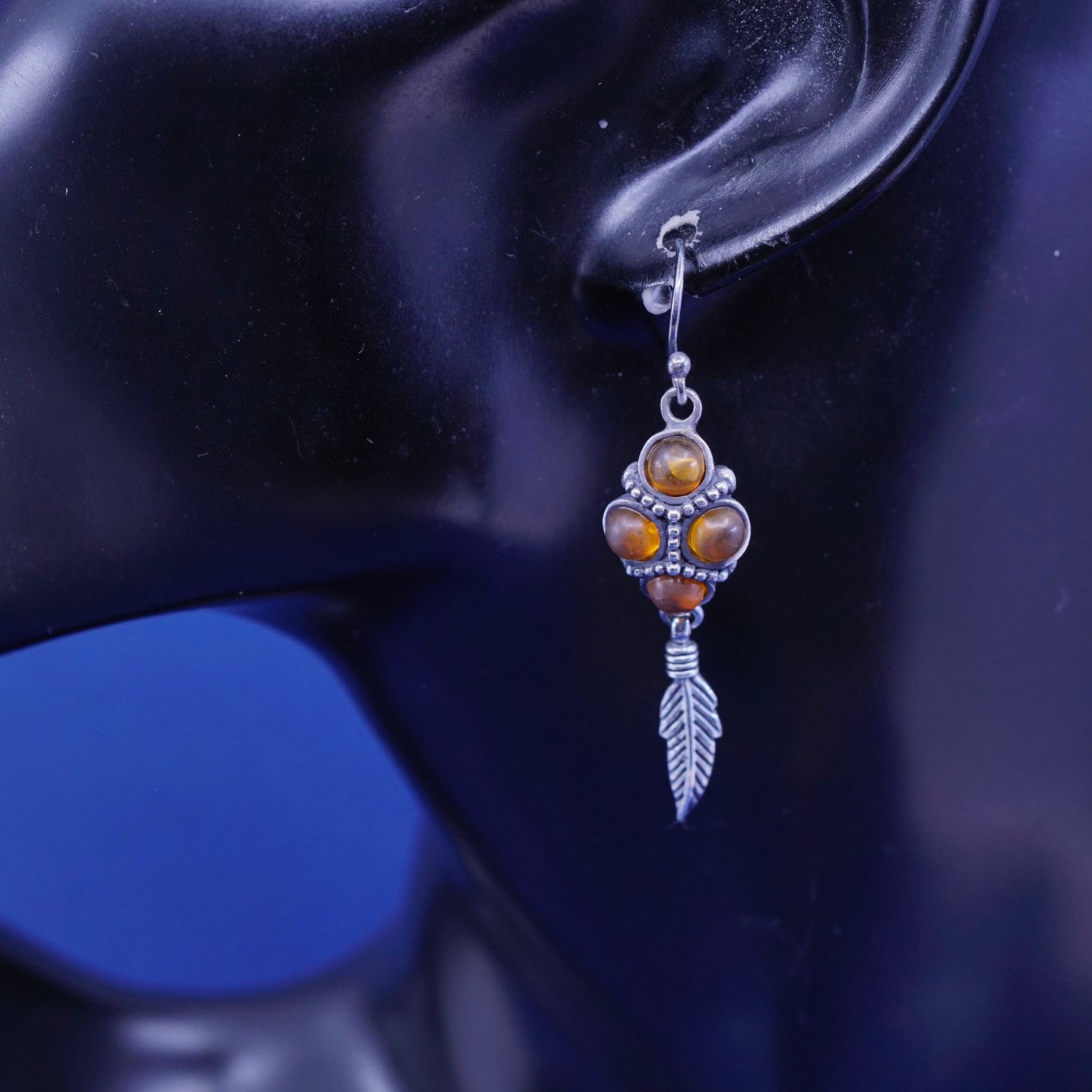 Vintage sterling 925 silver handmade earrings with amber and feather drop
