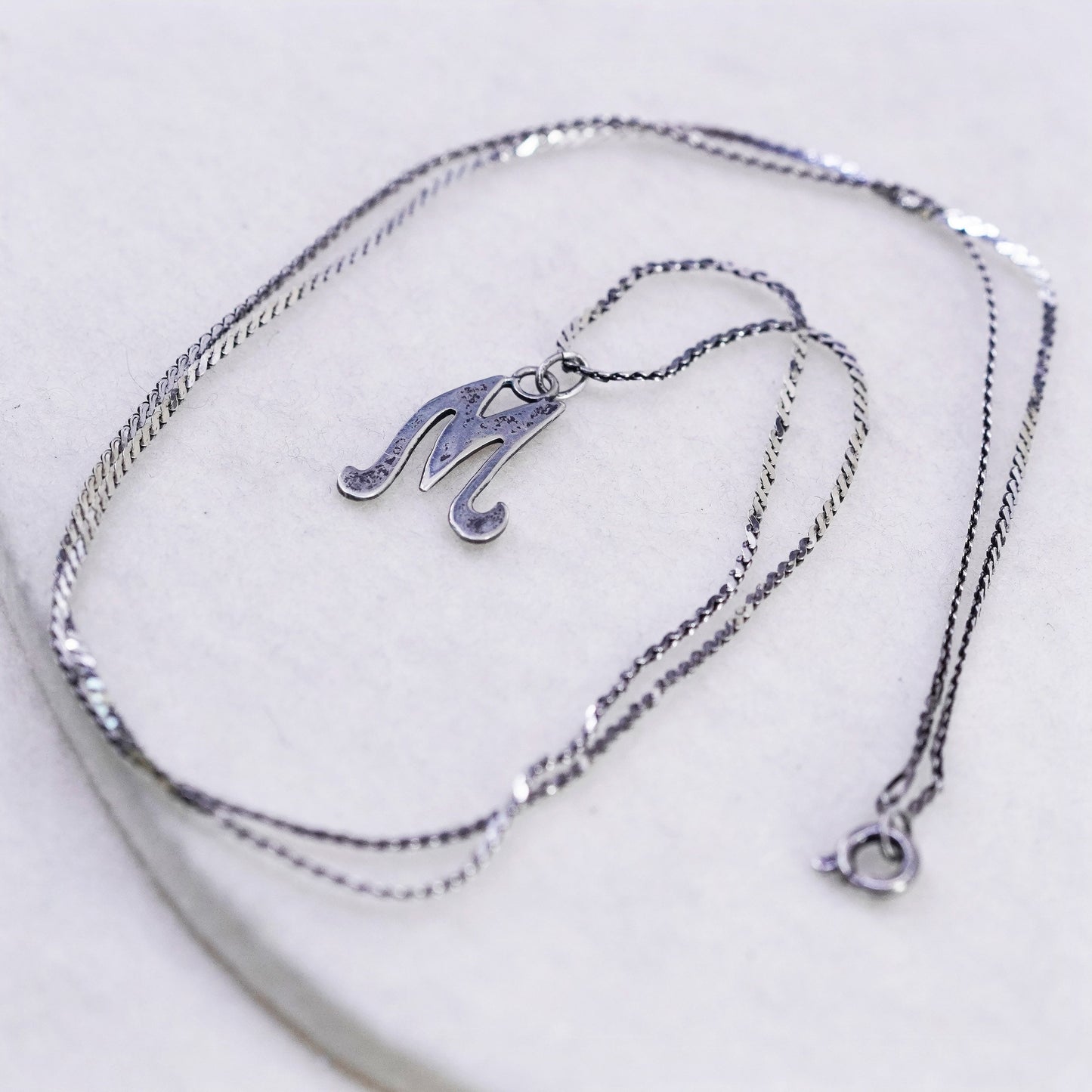 22”, vintage Sterling silver necklace, 925 s link woven chain letter M pendant