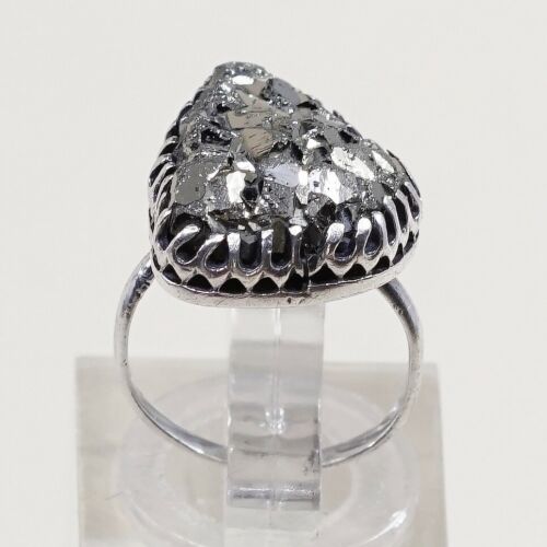 Sz 1.75, Vtg Sterling Silver Handmade Ring w/ Golden druzy quartz, Silver Tesyed