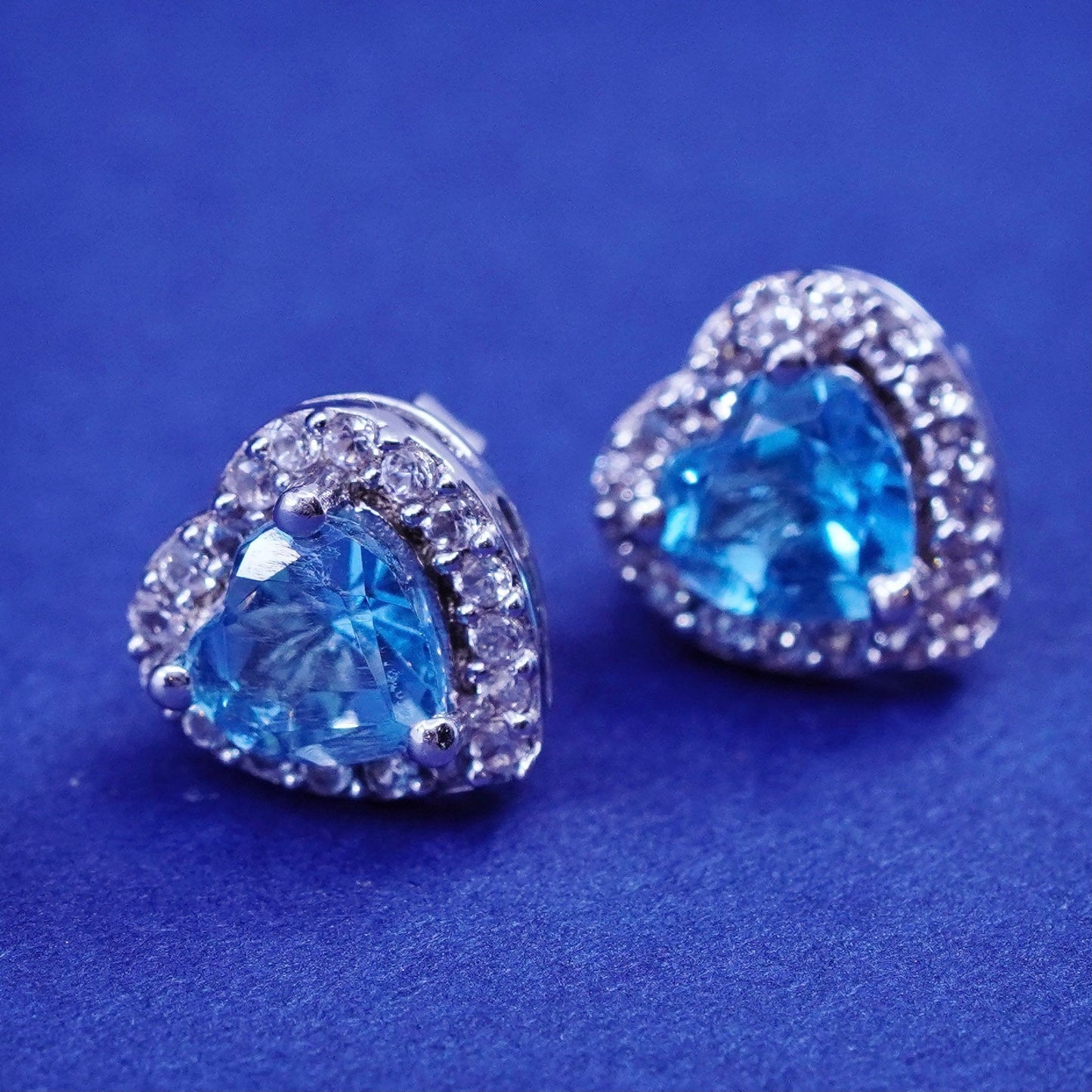 Vintage Sterling silver handmade earrings, 925 heart studs with topaz and cz