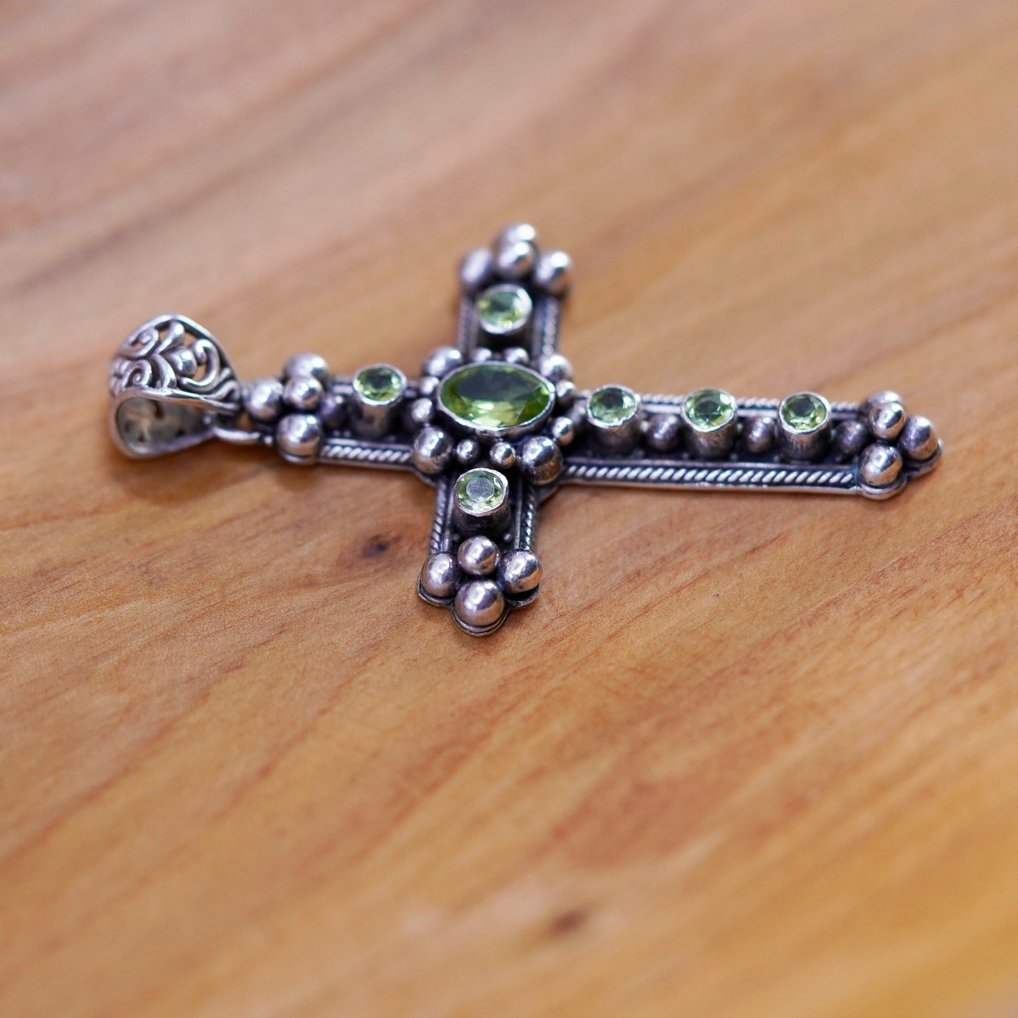 Vintage Sterling 925 silver handmade cross pendant with peridot and beads
