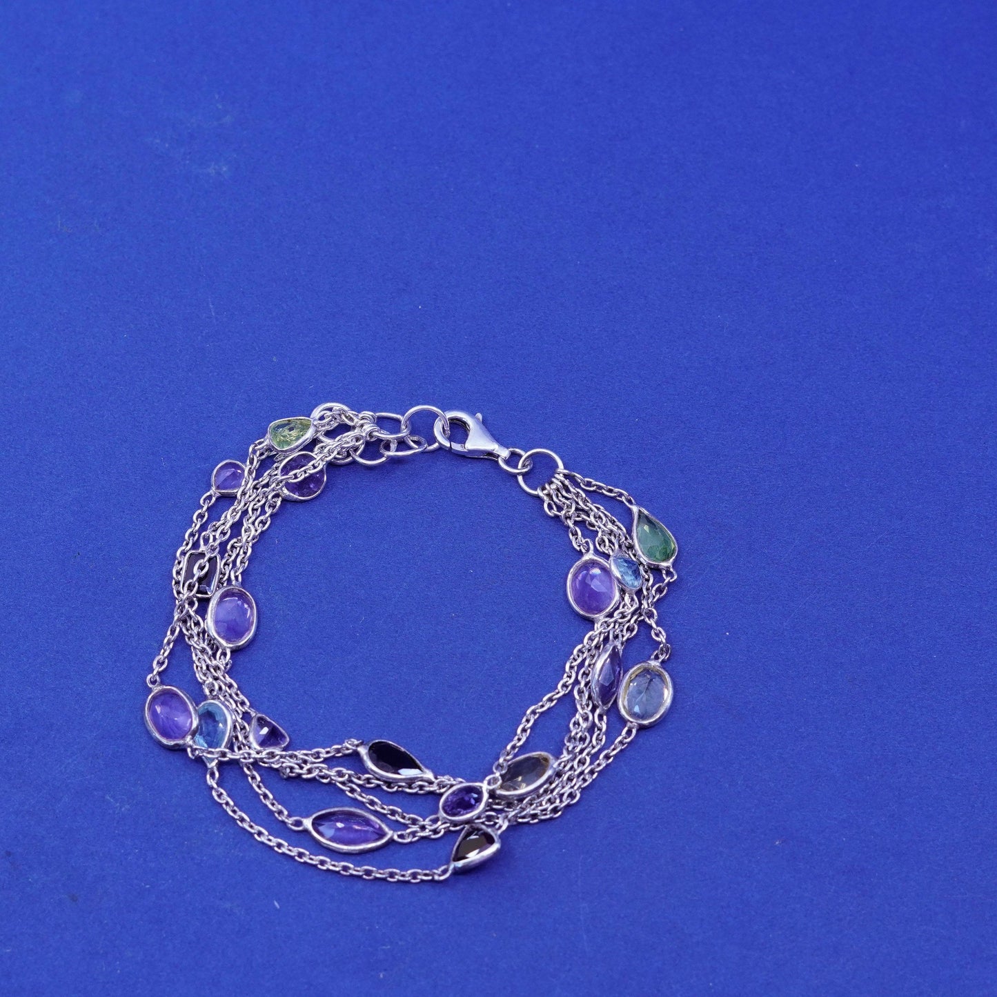 7+1”, vtg Sterling silver bracelet, multi strands 925 circle chain gemstones