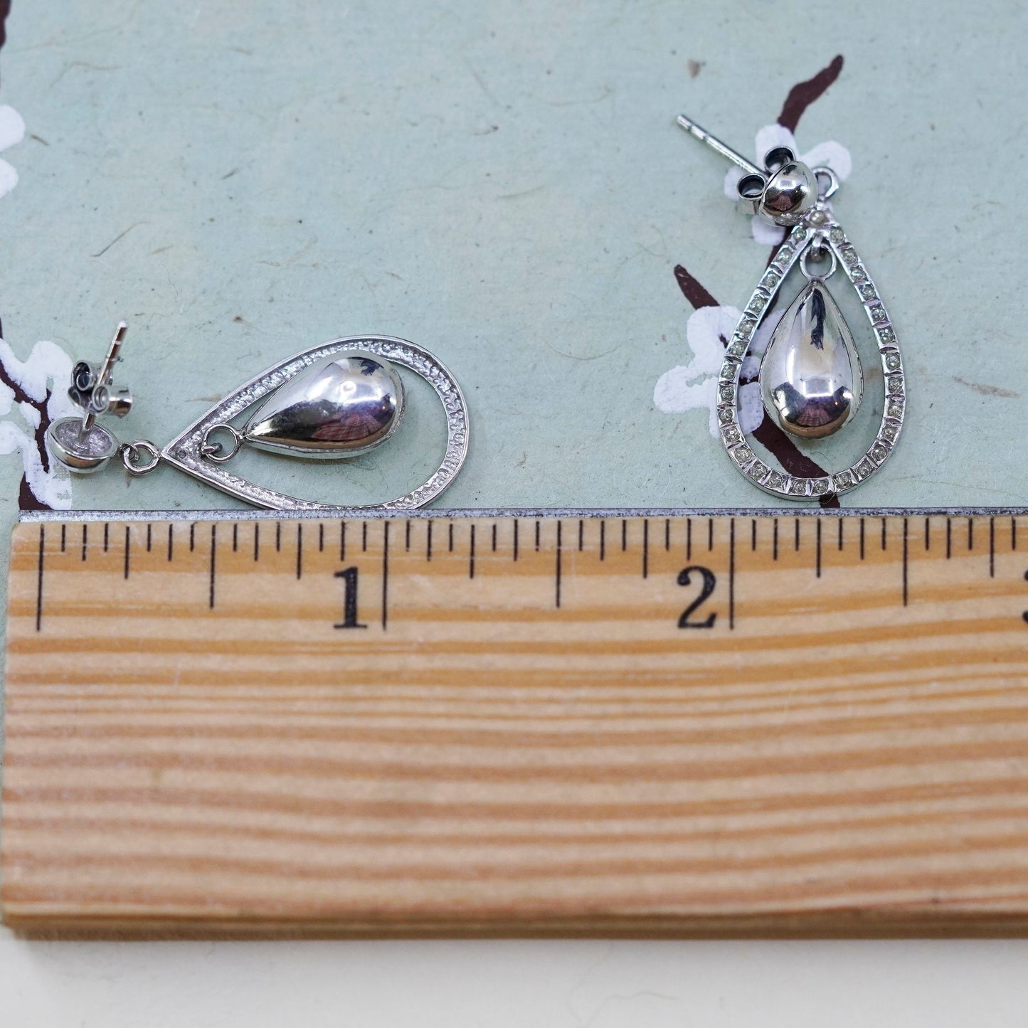 Vintage Sterling silver handmade earrings, 925 teardrop drops with cz around