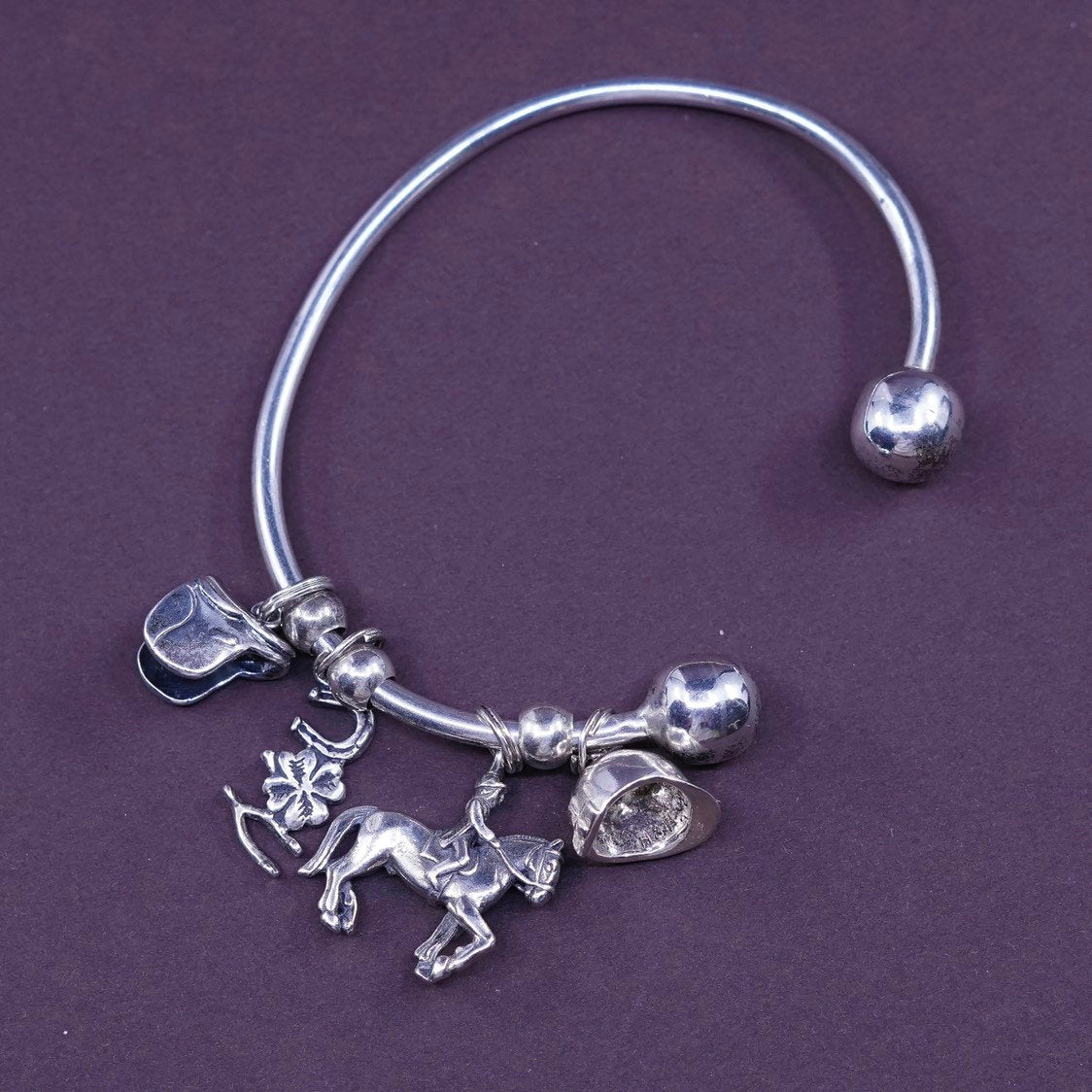 7", sterling silver handmade bracelet, 925 4 charms lover horse riding racing