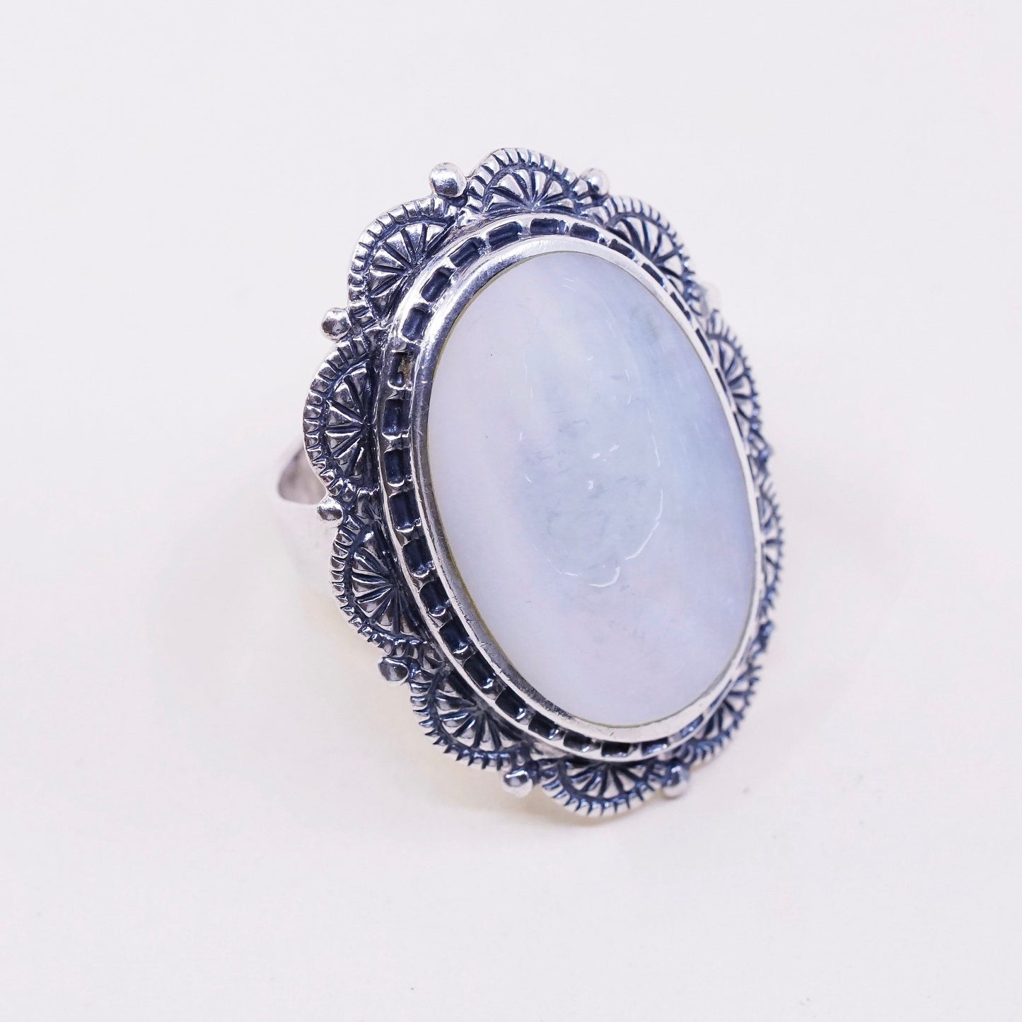 sz 10, vtg CFJ sterling silver handmade w/ opal MOP modern 925 cocktail ring