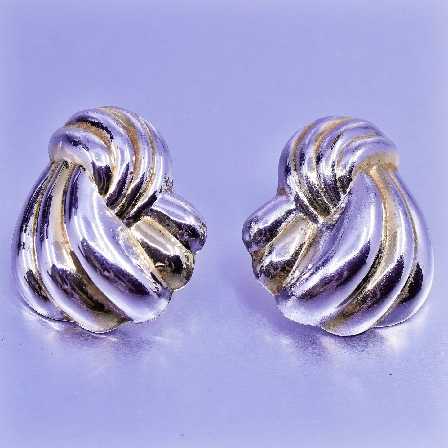 Vintage two tone Sterling 925 silver handmade earrings, wavy ribbed studs