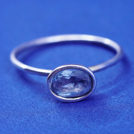 Size 6, vtg Sterling silver handmade ring, 925 stackable ring with blue topaz