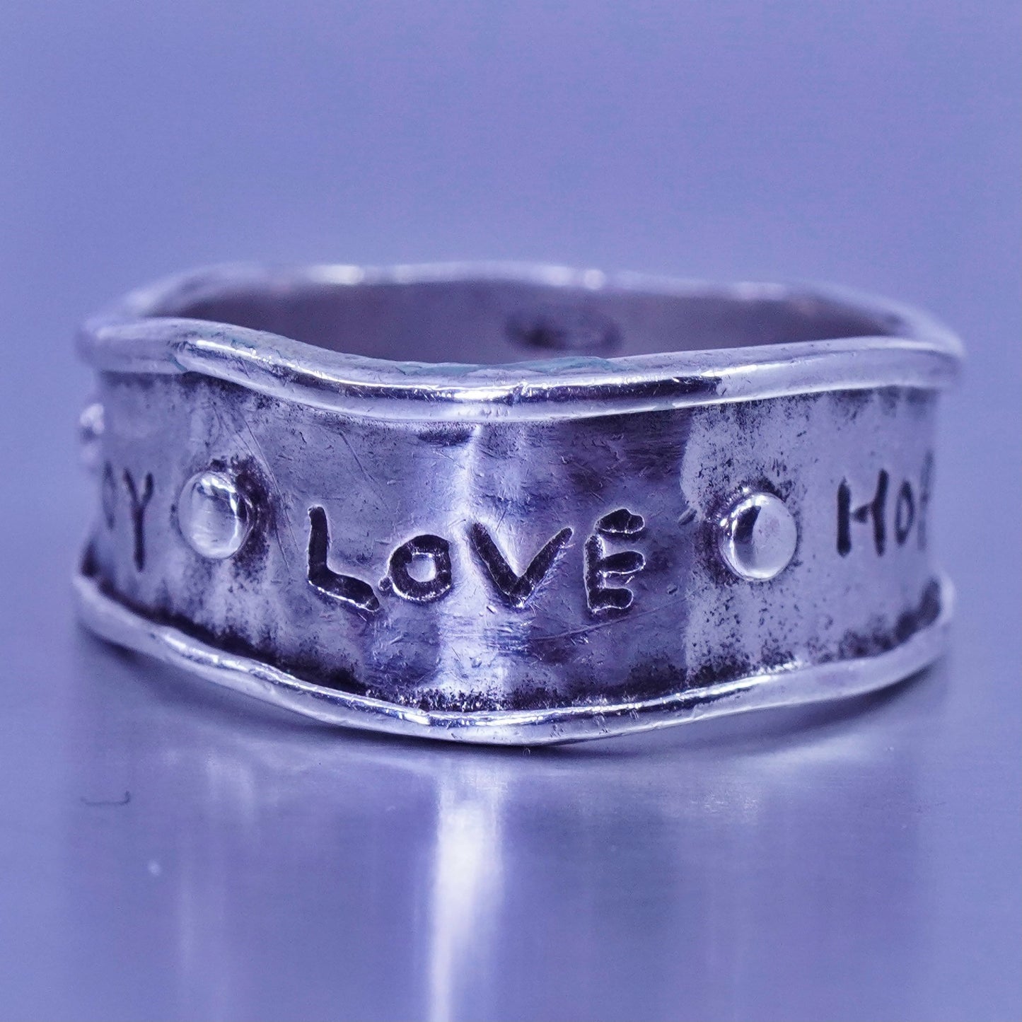 Size 7, southwestern Sterling 925 silver ring, textured band “joy love hope