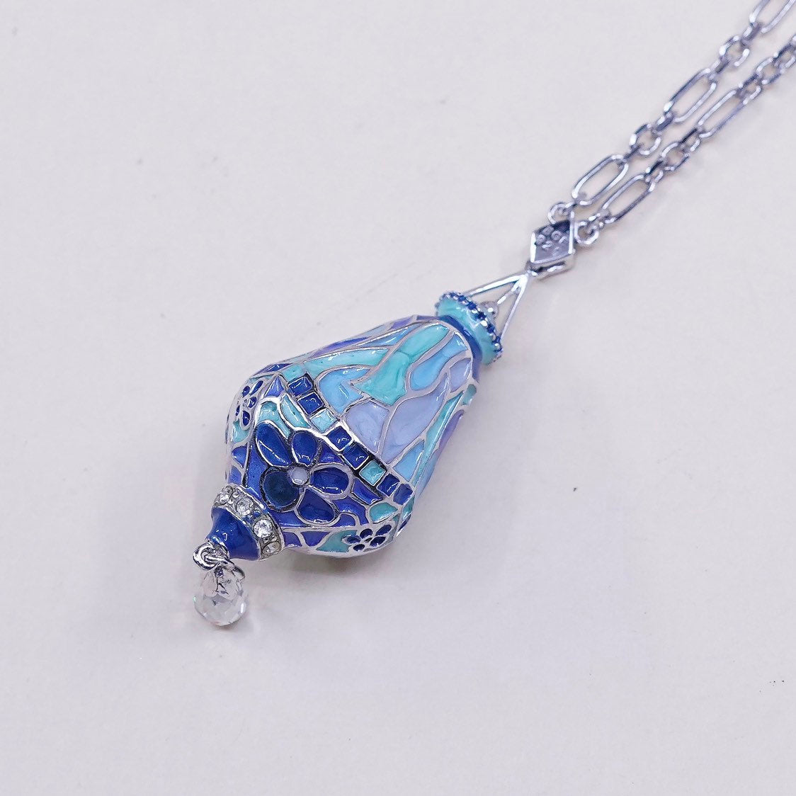 18”, BGE sterling 925 silver elongated chain necklace W teardrop enamel pendant