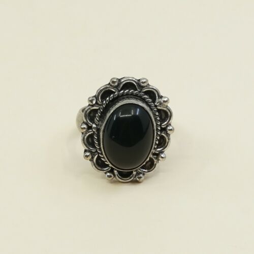 Sz 9.5, Vtg Sterling Silver Handmade Ring, 925 Silver Band W/ Oval obsidian