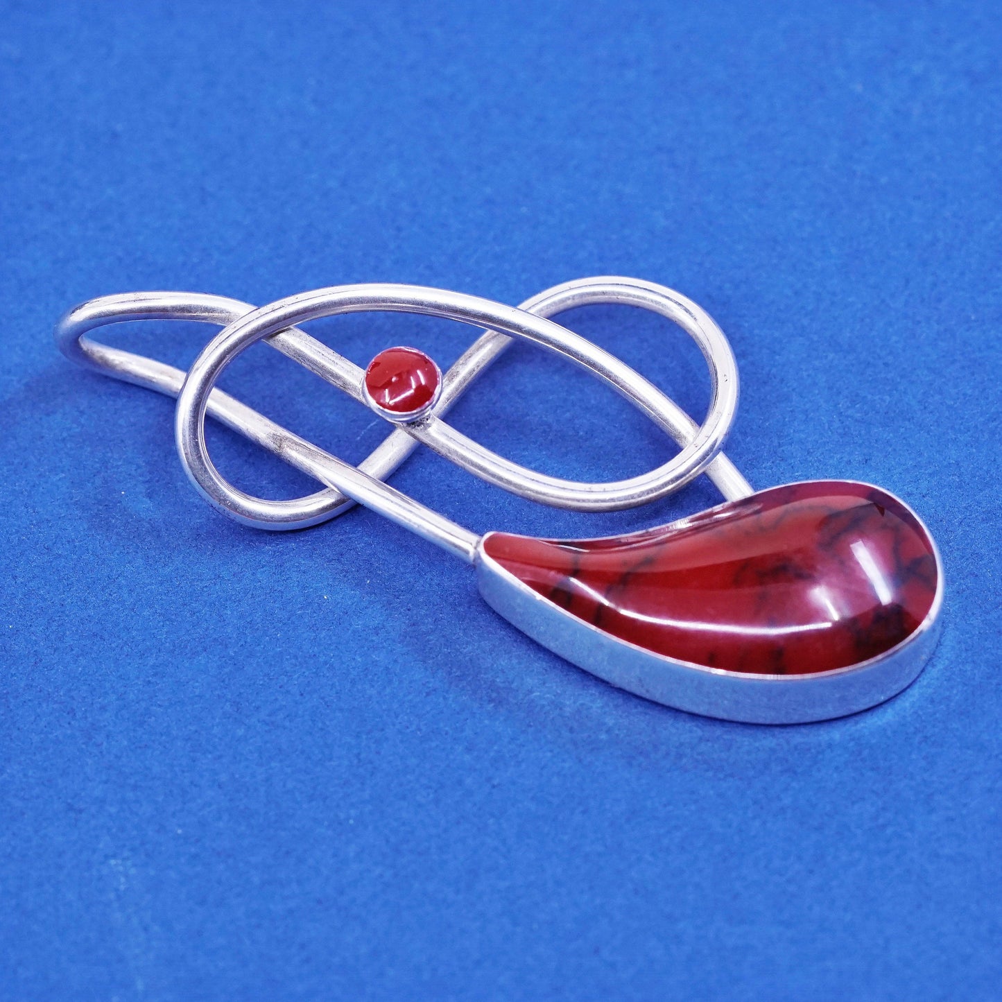 vtg mexico sterling silver handmade pendant, 950 w/ teardrop red bloodstone