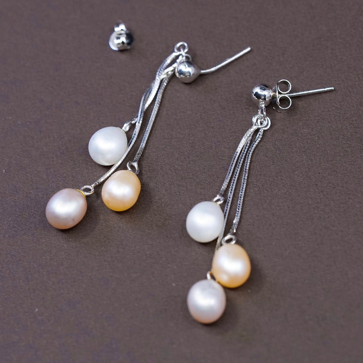 Vintage Sterling silver handmade earrings, 925 snake chain with pearl drops