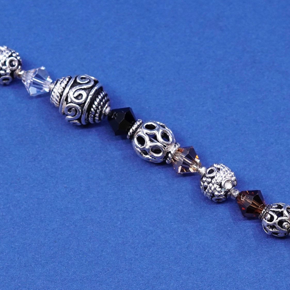 6.5", vtg Sterling 925 silver handmade bracelet w/ Crystal beads N cross charm