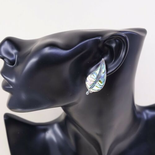 Vtg Sterling 925 Silver Handmade Screw Back Leaf Earrings With Abalone