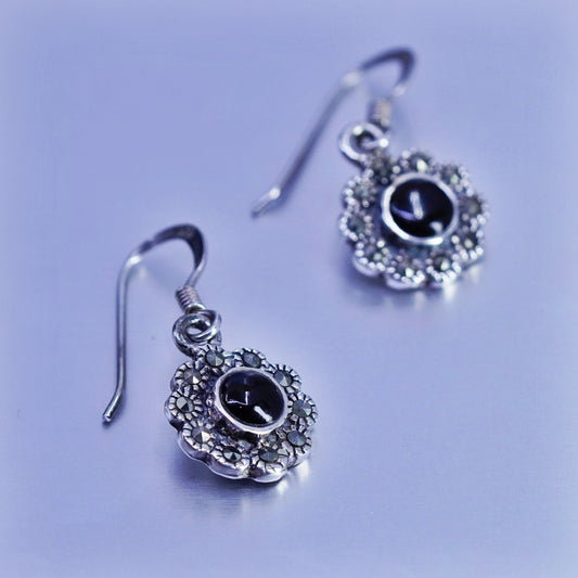 Vintage Sterling 925 silver flower earrings with obsidian and marcasite