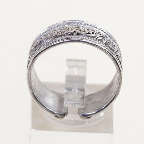 Sz 9, Vtg Sterling Silver handmade Boho Tribal Ring 925 Band W/ Pattern Embossed