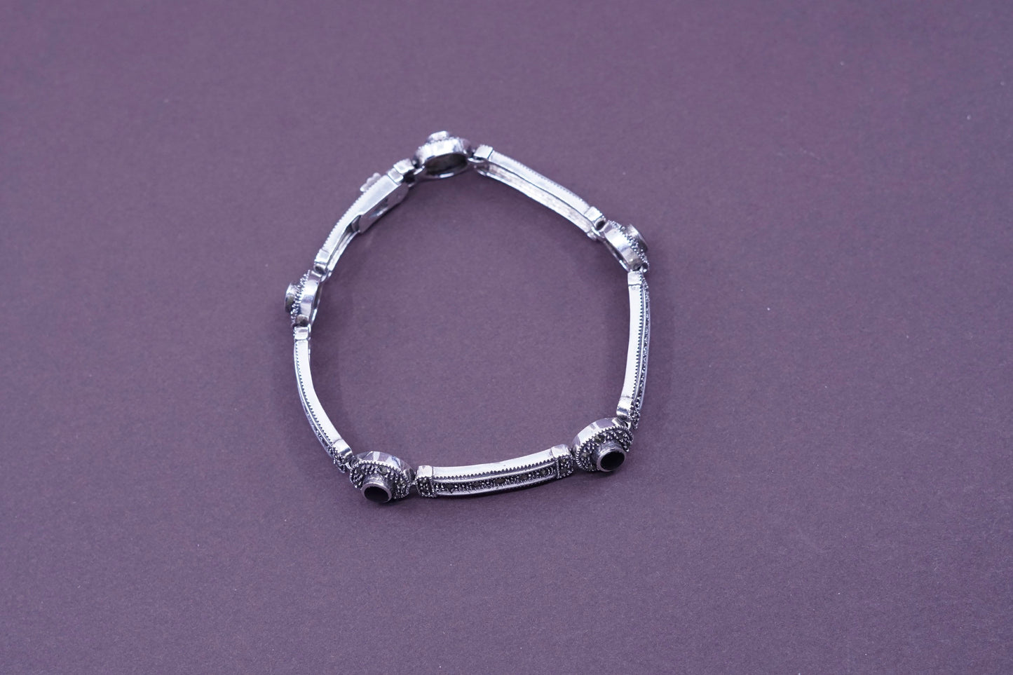 7.25”, Sterling silver bracelet, 925 tennis bracelet w/ marcasite obsidian