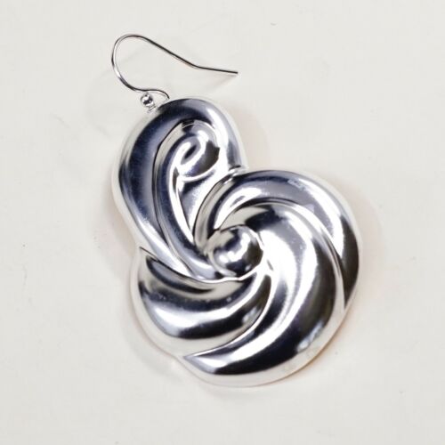 Vintage Sterling Silver Handmade Earrings, 925 Silver Swirl Whirly Dangles