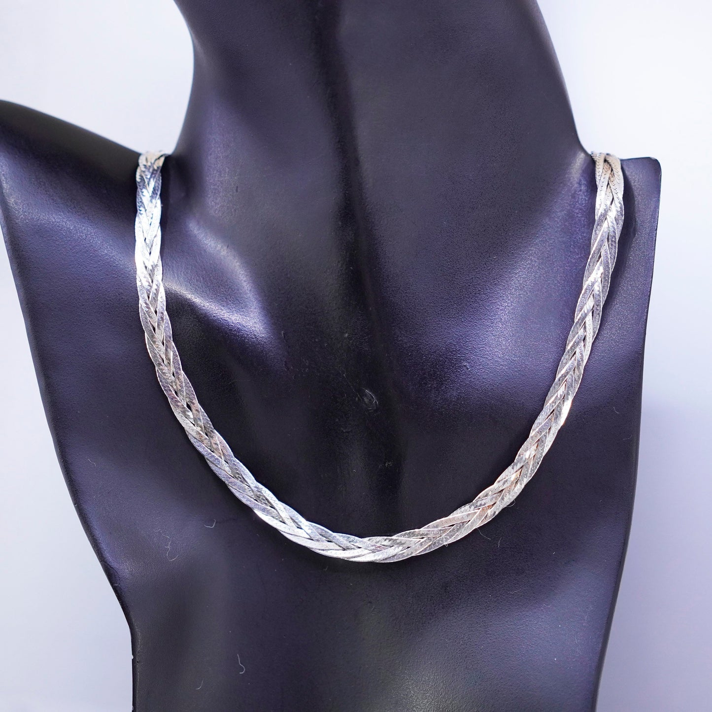 20”, vintage Italy Sterling 925 silver woven braided herringbone chain necklace