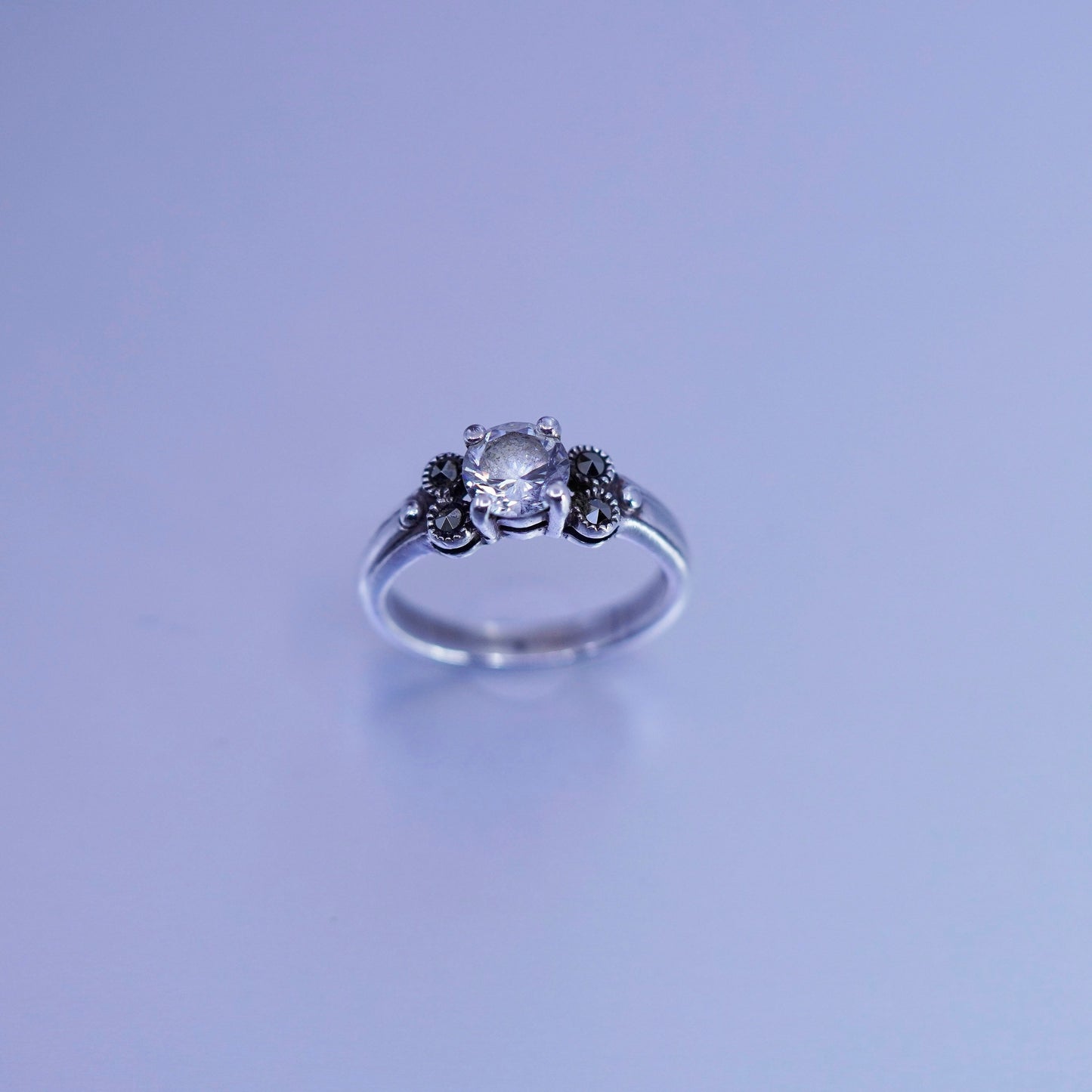 Size 7, vtg Sterling 925 silver handmade engagement ring with Cz and marcasite