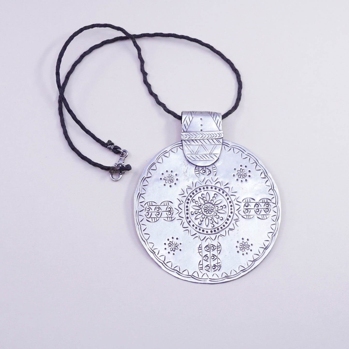 16”, Vintage sterling silver handmade necklace, 925 round pendant linen thread