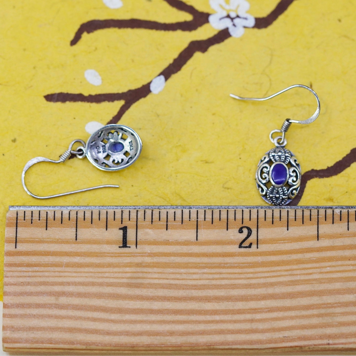 Vintage Sterling 925 silver handmade filigree oval earrings with blue onyx