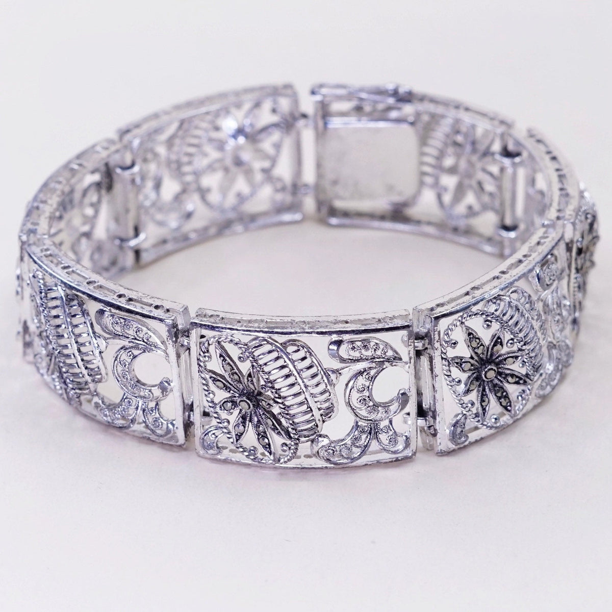 7”, vtg Sterling 800 Silver chain, tennis Bracelet w/ filigree marcasite flower