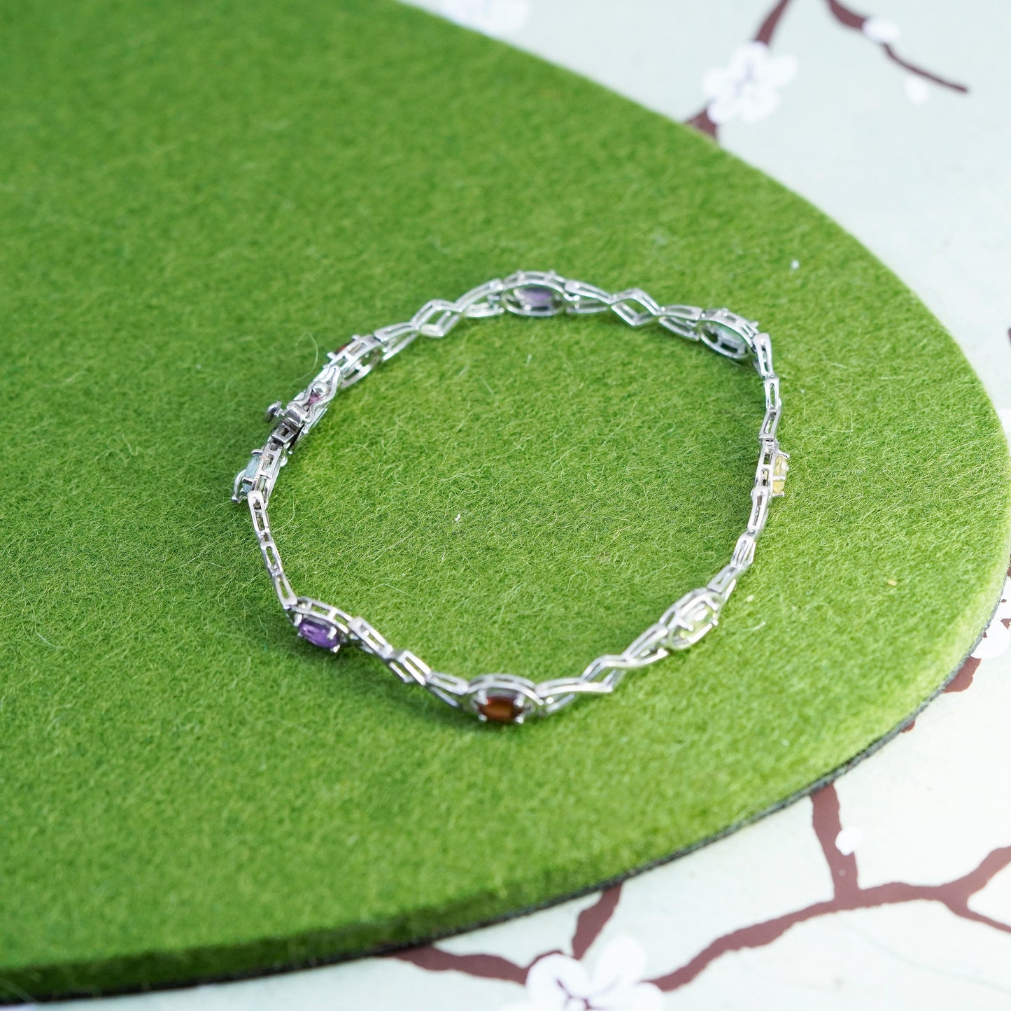7”, vintage Sterling 925 silver tennis bracelet with ruby peridot peridot