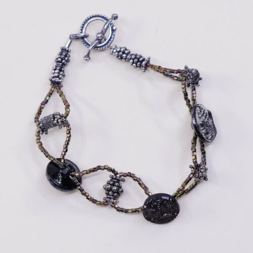 7.25”, Vtg Sterling Silver Handmade Bracelet, 925 Silver Toggle W/ Beads