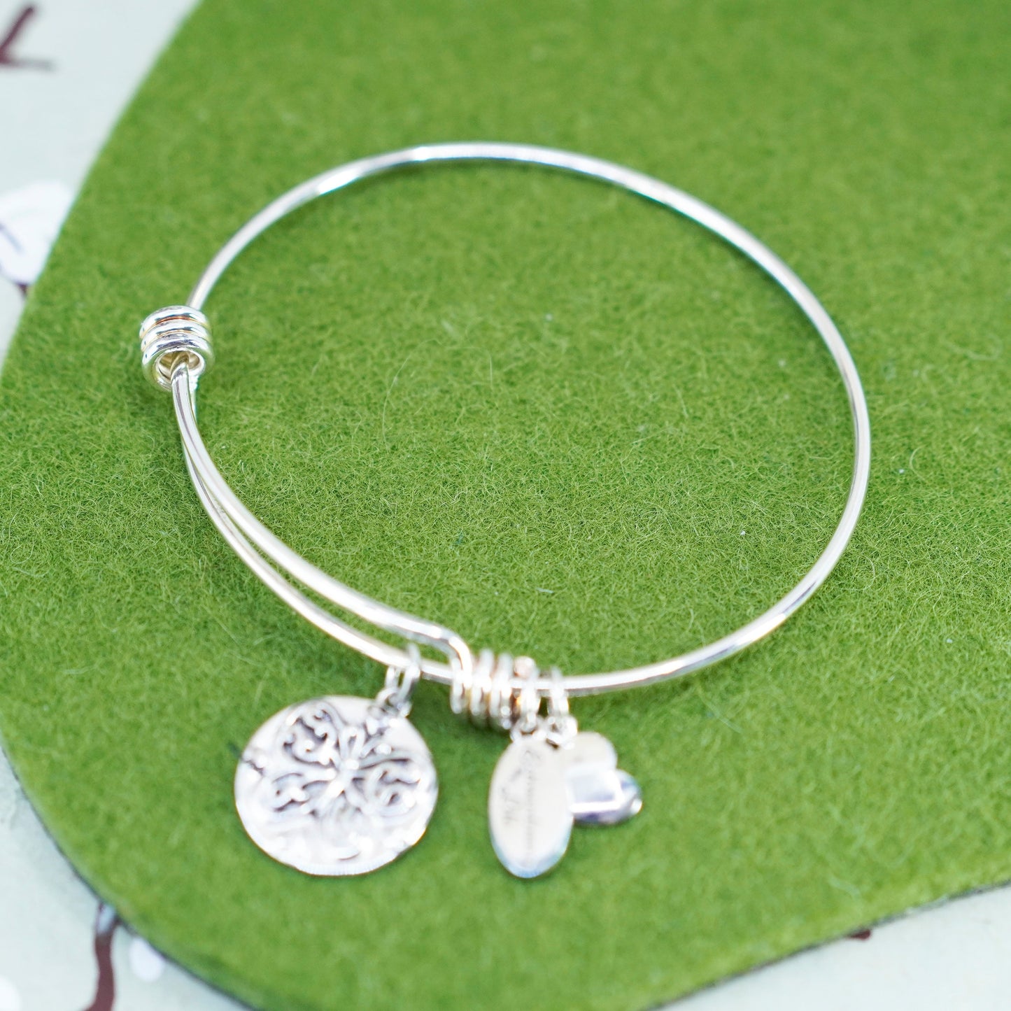 adjustable, sterling silver handmade bracelet, 925 bangle butterfly tag charm