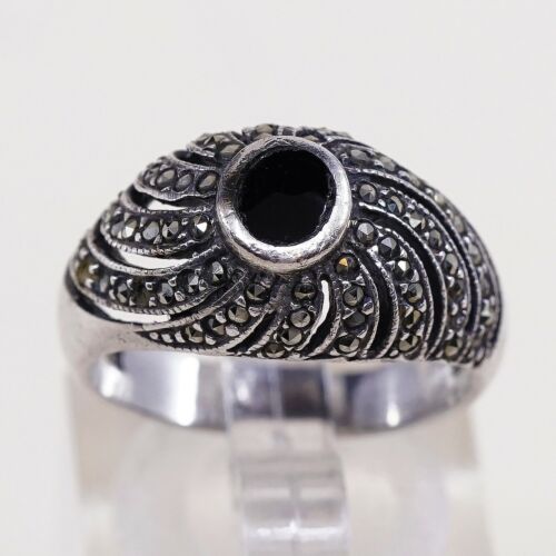 Sz 6, Vtg Sterling Silver Handmade Ring, 925 Silver Band W Obsidian N marcasite
