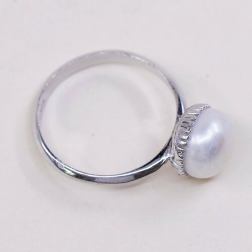 Sz 8, Vtg Sterling 925 Silver Handmade Ring W/ Freshwater Pearl, Simple Elegant