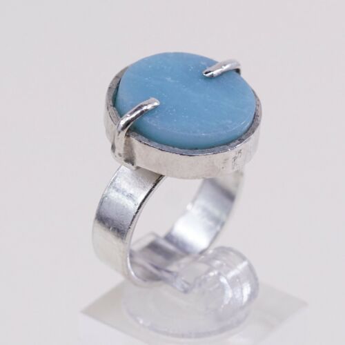 Sz 8, Vtg Sterling Silver Handmade Ring, 925 Silver Ring W/ Round Larimar