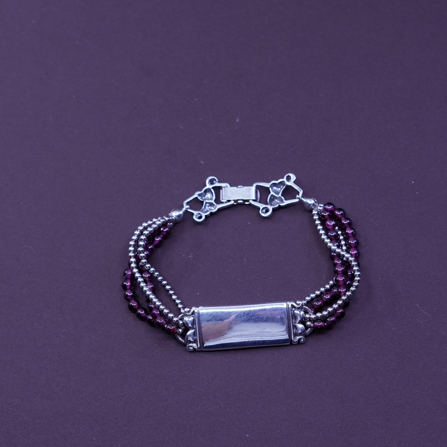 6.5”, Shube southwestern handmade Sterling 925 silver bar garnet beads chain
