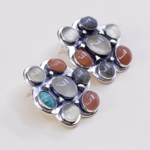 Vtg Jay King DTR Sterling Silver Handmade Cluster Gemstone earrings, 925 Studs